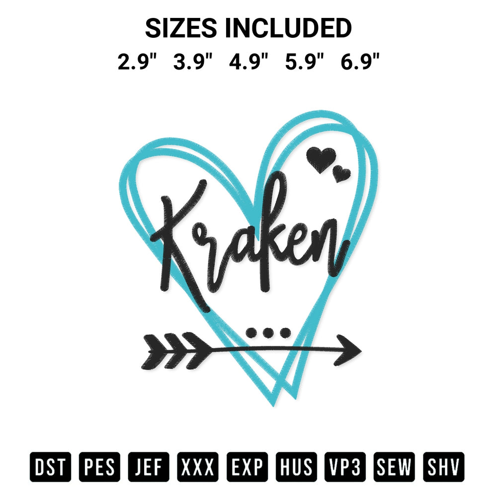 Add a unique touch to your apparel with the Seattle Kraken Heart Embroidery Design embroidery file. Premium instant download available now on Designspacks.com. Available sizes: 2.9", 3.9", 4.9", 5.9", 6.9".