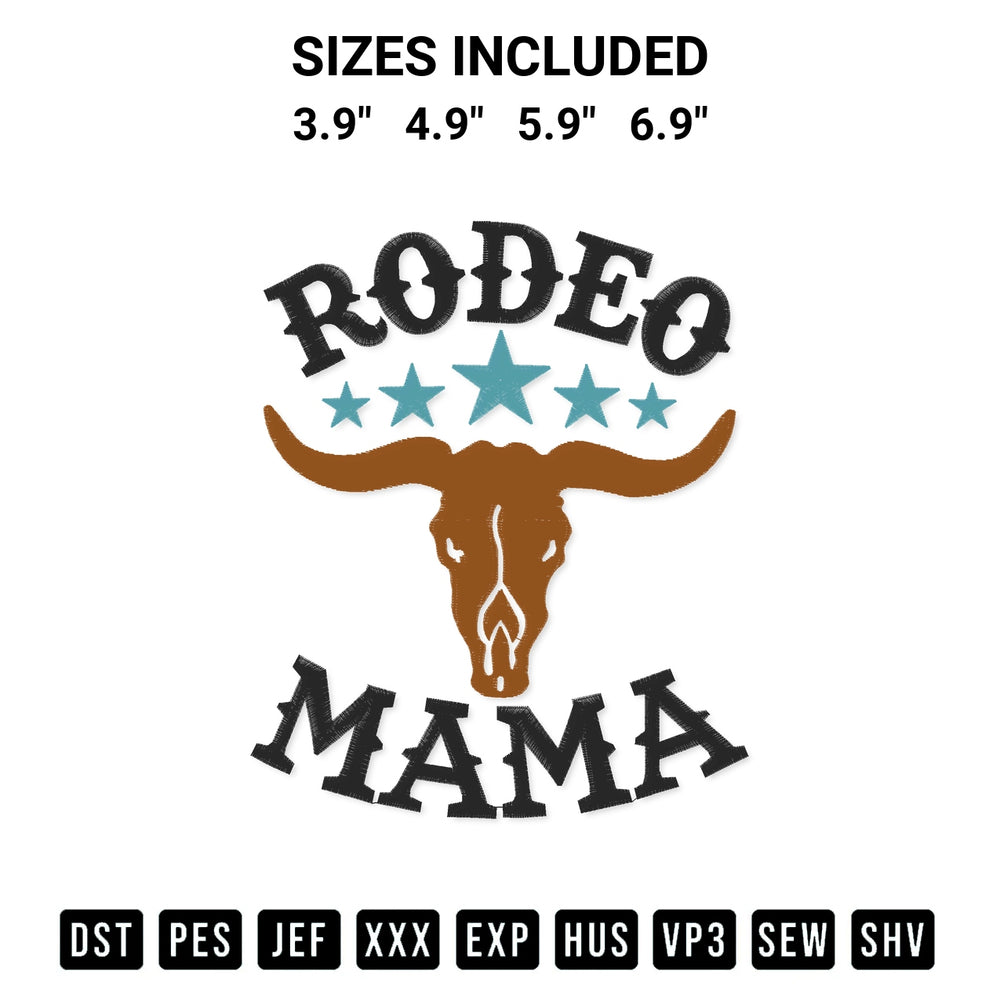 Transform your fabrics with the Rodeo Mama Embroidery Design embroidery design. Instant access to premium digitized patterns at Designspacks.com. Available sizes: 3.9", 4.9", 5.9", 6.9".