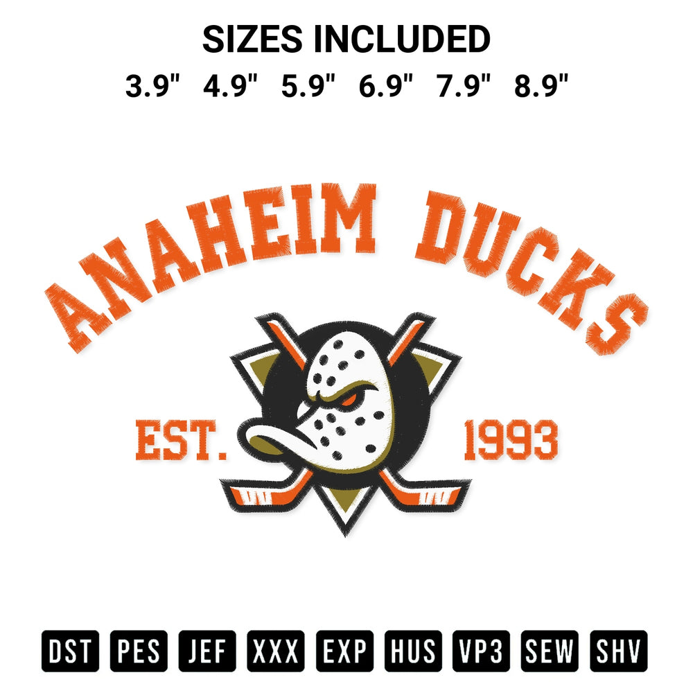 Transform your fabrics with the Anaheim Ducks Est 1993 Embroidery Design embroidery design. Instant access to premium digitized patterns at Designspacks.com. Available sizes: 3.9", 4.9", 5.9", 6.9", 7.9", 8.9".