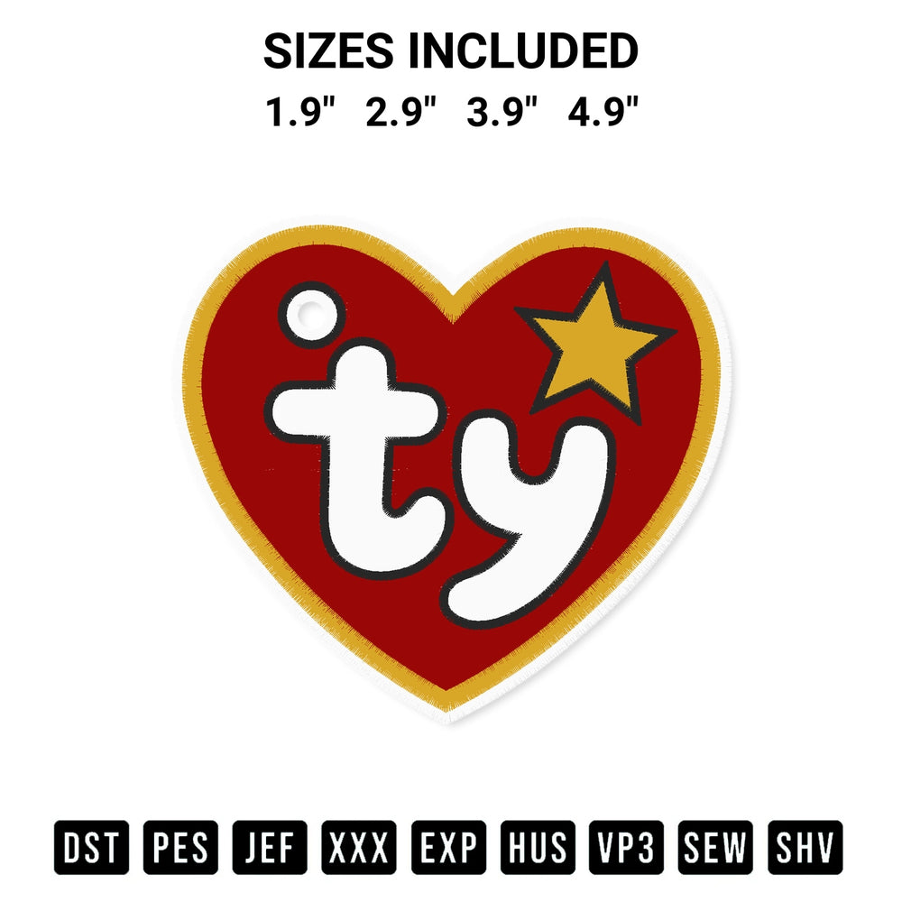 Create amazing crafts with the Ty Beanie Baby Tag Logo Embroidery Design embroidery file. High-quality digital download from Designspacks.com, perfect for beginners and pros. Available sizes: 1.9", 2.9", 3.9", 4.9".