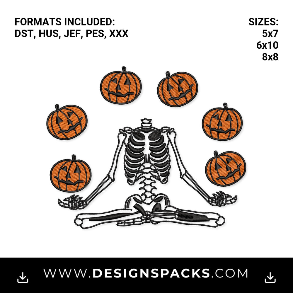 Meditating Skeleton with Pumpkins Embroidery Design - Instant digital download pattern at Designspacks.com