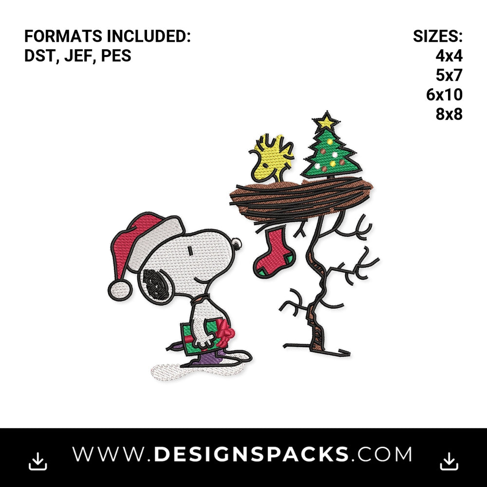 Snoopy and Woodstock Christmas Gift Embroidery Design - Instant digital download pattern at Designspacks.com