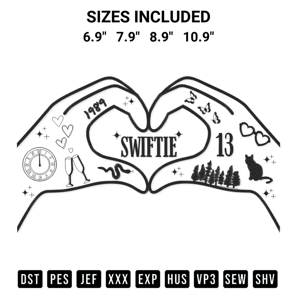 Looking for the perfect pattern? Download the Swiftie Heart Hands Embroidery Design embroidery design today at Designspacks.com. Crisp, clean stitching guaranteed. Available sizes: 6.9", 7.9", 8.9", 10.9".