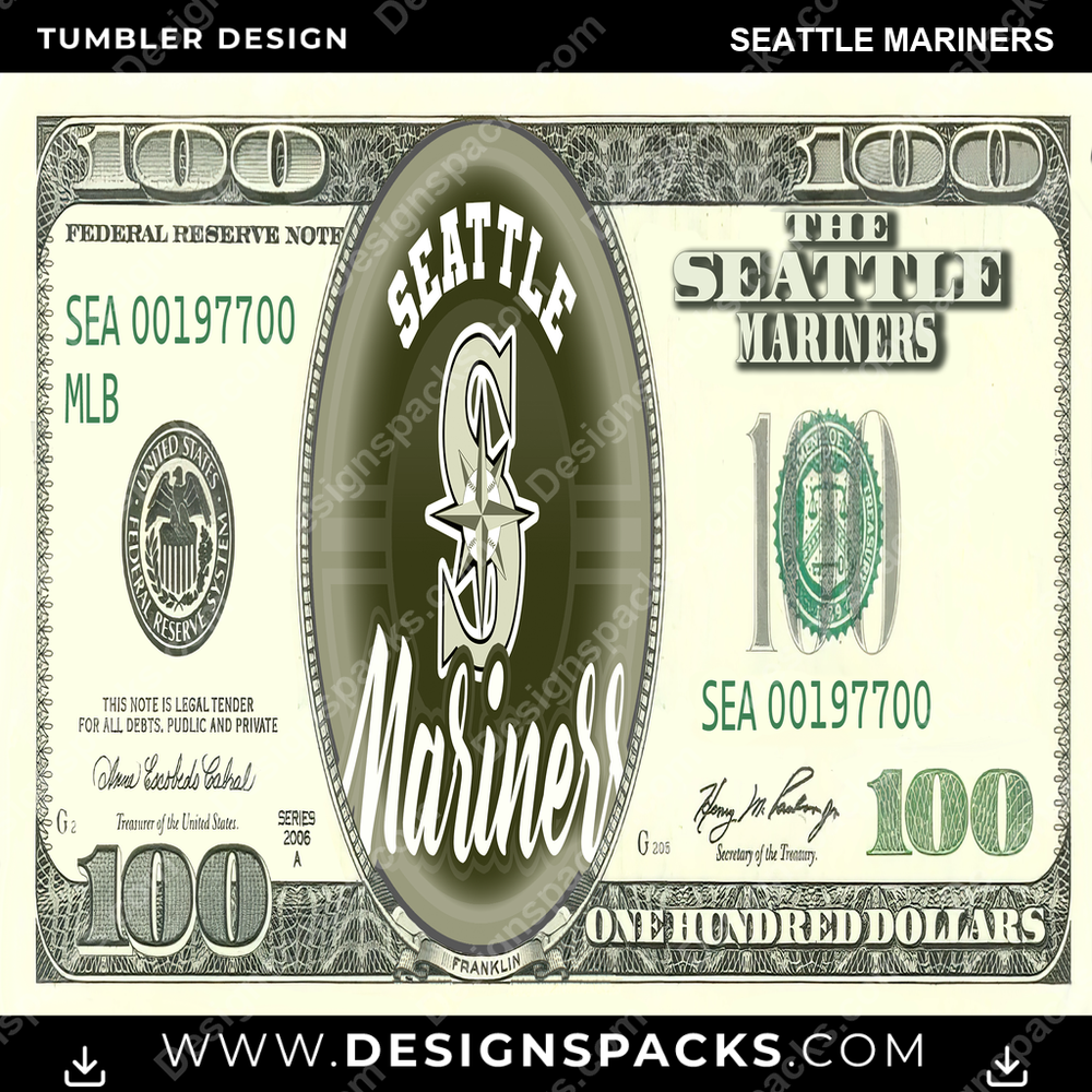 Diseño digital de vaso con el tema de los Marineros de Seattle, billete de 100 dólares de béisbol.