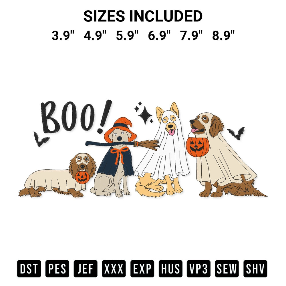 Discover the perfect addition to your crafting collection: Boo Ghost Dogs Halloween Embroidery Design embroidery file. Instantly available at Designspacks.com. Available sizes: 3.9", 4.9", 5.9", 6.9", 7.9", 8.9".