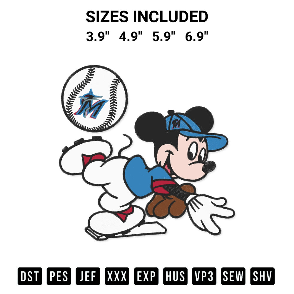 Add a unique touch to your apparel with the Baseball Miami Marlins Mickey Mouse Embroidery Design embroidery file. Premium instant download available now on Designspacks.com. Available sizes: 3.9", 4.9", 5.9", 6.9".