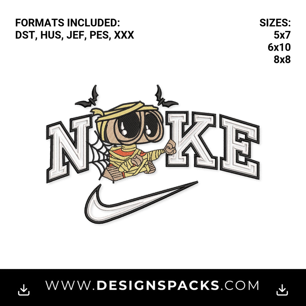 Mummy Wall-E Halloween Swoosh Embroidery Design - Instant digital download pattern at Designspacks.com