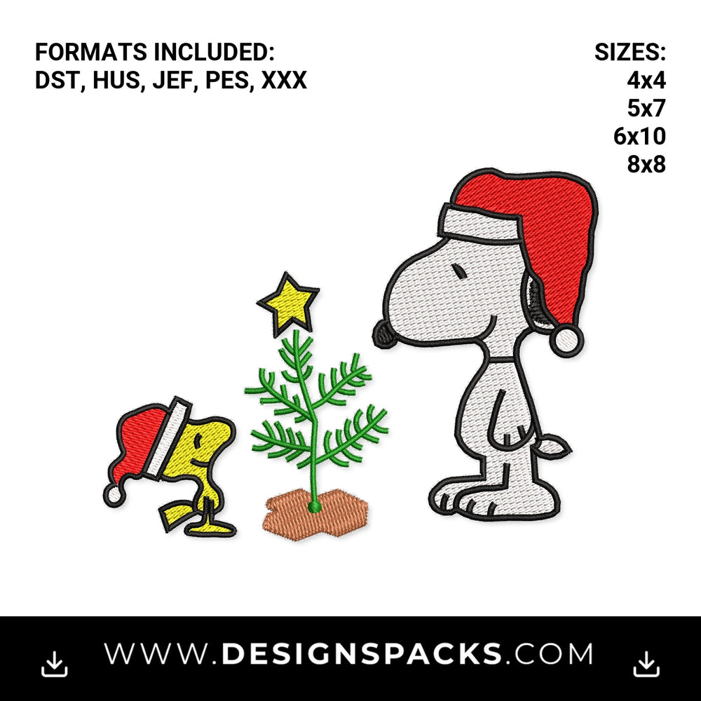 Santa Snoopy & Woodstock Christmas Tree Embroidery Design - Instant digital download pattern at Designspacks.com
