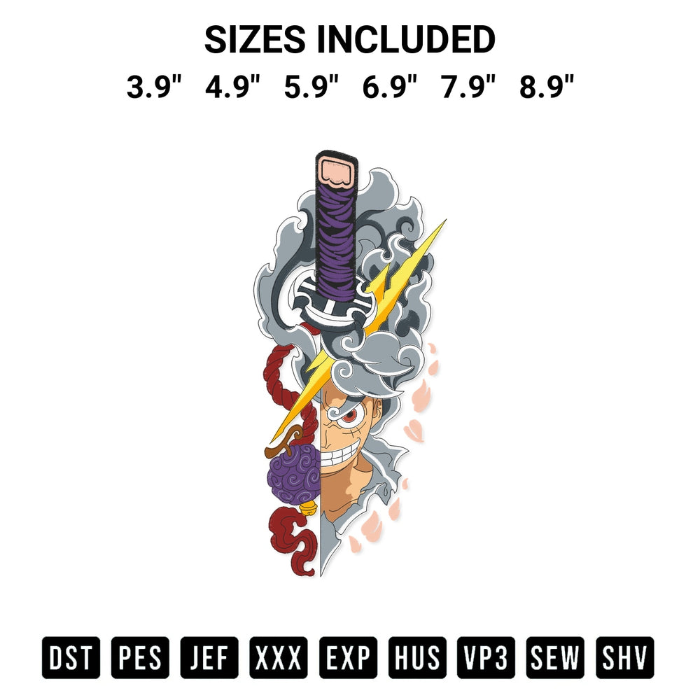 Elevate your next project with our Luffy Sword Gear 5 Embroidery Design embroidery file. Shop high-quality digital patterns instantly at Designspacks.com. Available sizes: 3.9", 4.9", 5.9", 6.9", 7.9", 8.9".