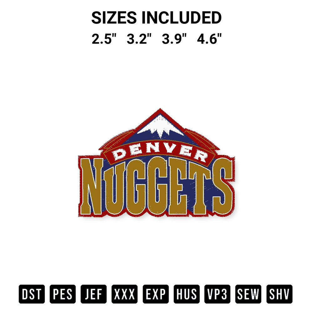 Elevate your next project with our Denver Nuggets Embroidery Design embroidery file. Shop high-quality digital patterns instantly at Designspacks.com. Available sizes: 2.5", 3.2", 3.9", 4.6".
