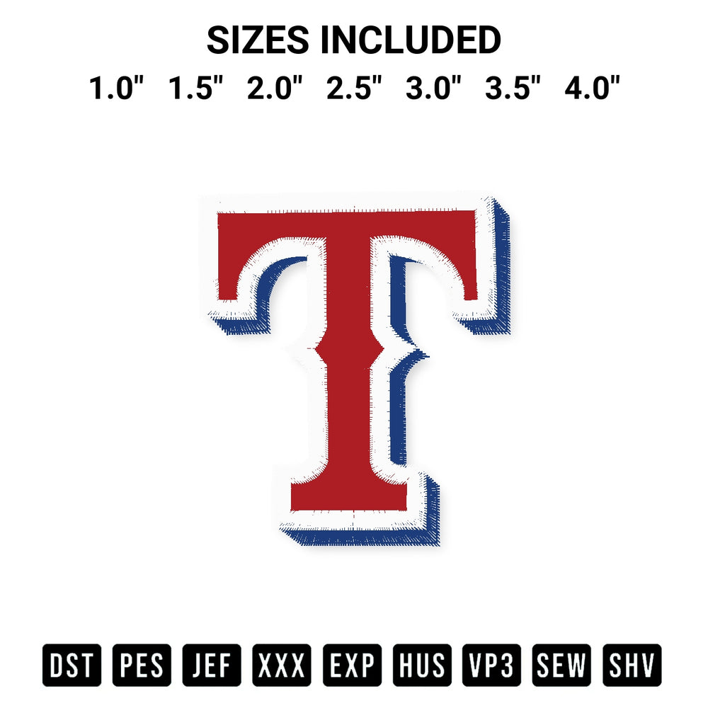 Add a unique touch to your apparel with the Texas Rangers Embroidery Design embroidery file. Premium instant download available now on Designspacks.com. Available sizes: 1.0", 1.5", 2.0", 2.5", 3.0", 3.5", 4.0".