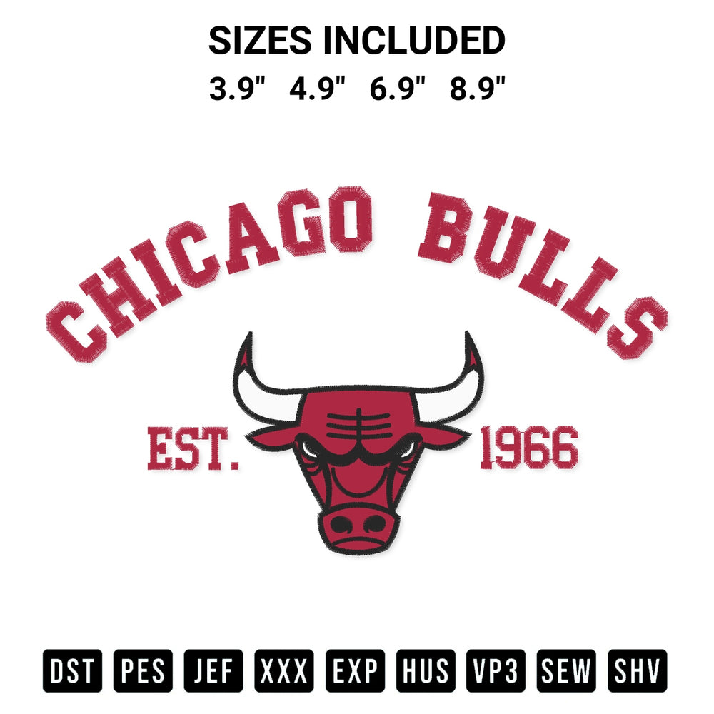 Get the Chicago Bulls Est 1966 Embroidery Design embroidery design for your custom crafts! Premium digitized files available for instant download at Designspacks.com. Available sizes: 3.9", 4.9", 6.9", 8.9".
