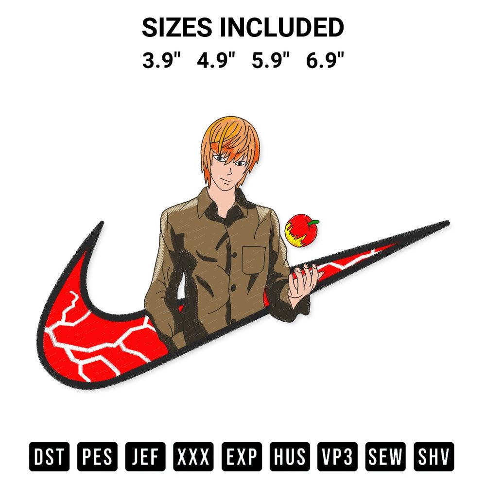 Transform your fabrics with the Nike Yagami Raito Death Note Embroidery Design embroidery design. Instant access to premium digitized patterns at Designspacks.com. Available sizes: 3.9", 4.9", 5.9", 6.9".