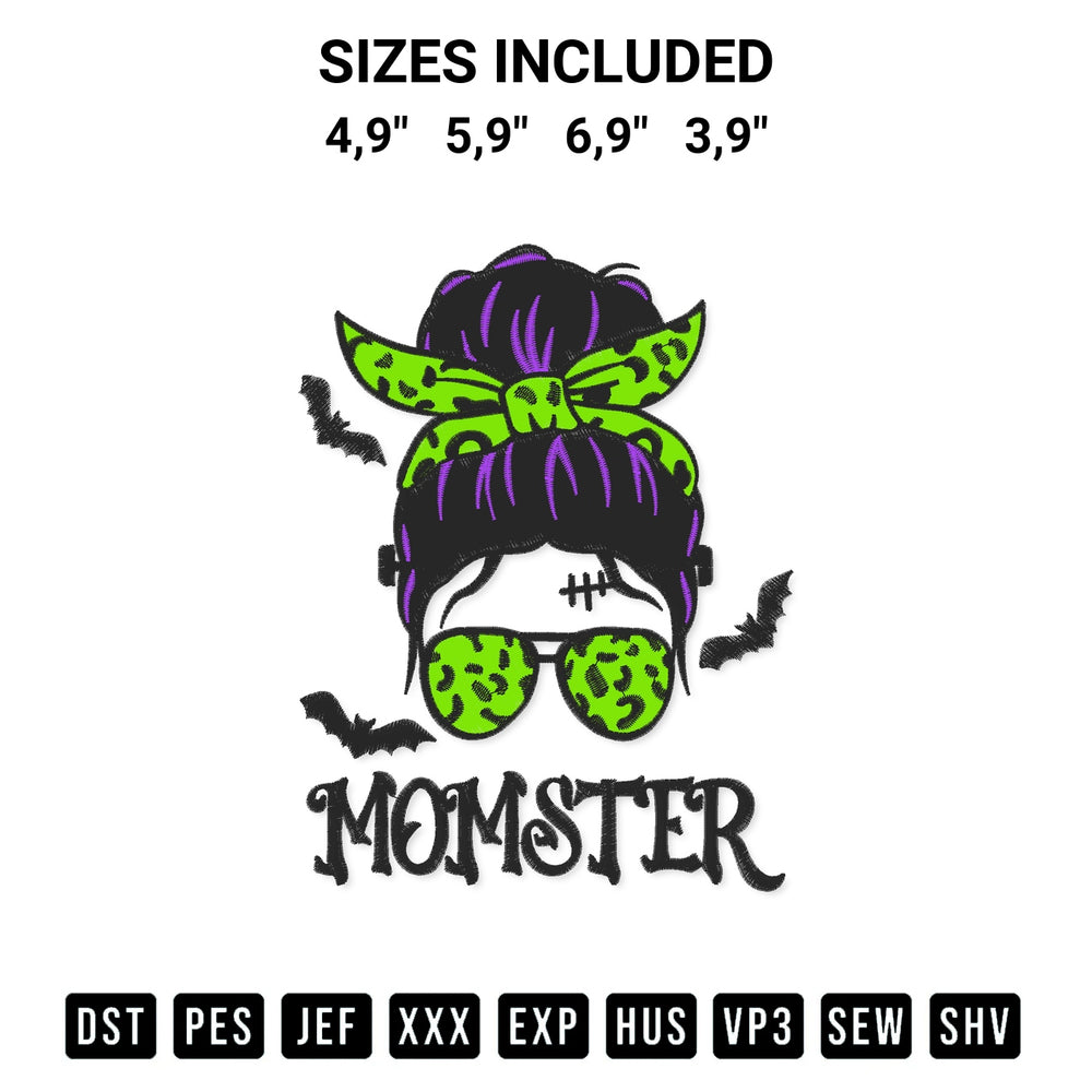 Download the Momster Halloween Leopard Messy Bun Mom Ster Halloween Outfit Logo Embroidery Design machine embroidery design exclusively at Designspacks.com. Premium digitized pattern for apparel and DIY crafts. Available sizes: 4,9", 5,9", 6,9", 3,9".
