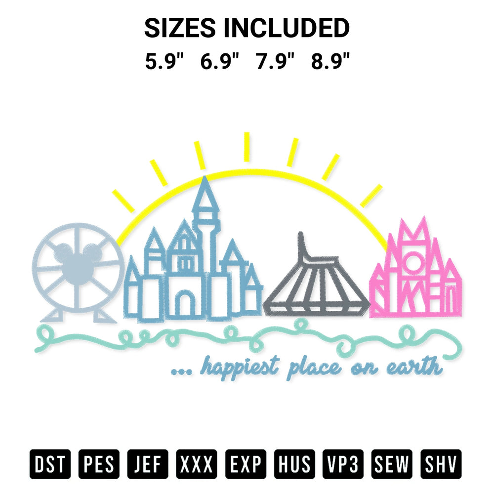 Discover the perfect addition to your crafting collection: Happiest Place On Earth Embroidery Design embroidery file. Instantly available at Designspacks.com. Available sizes: 5.9", 6.9", 7.9", 8.9".