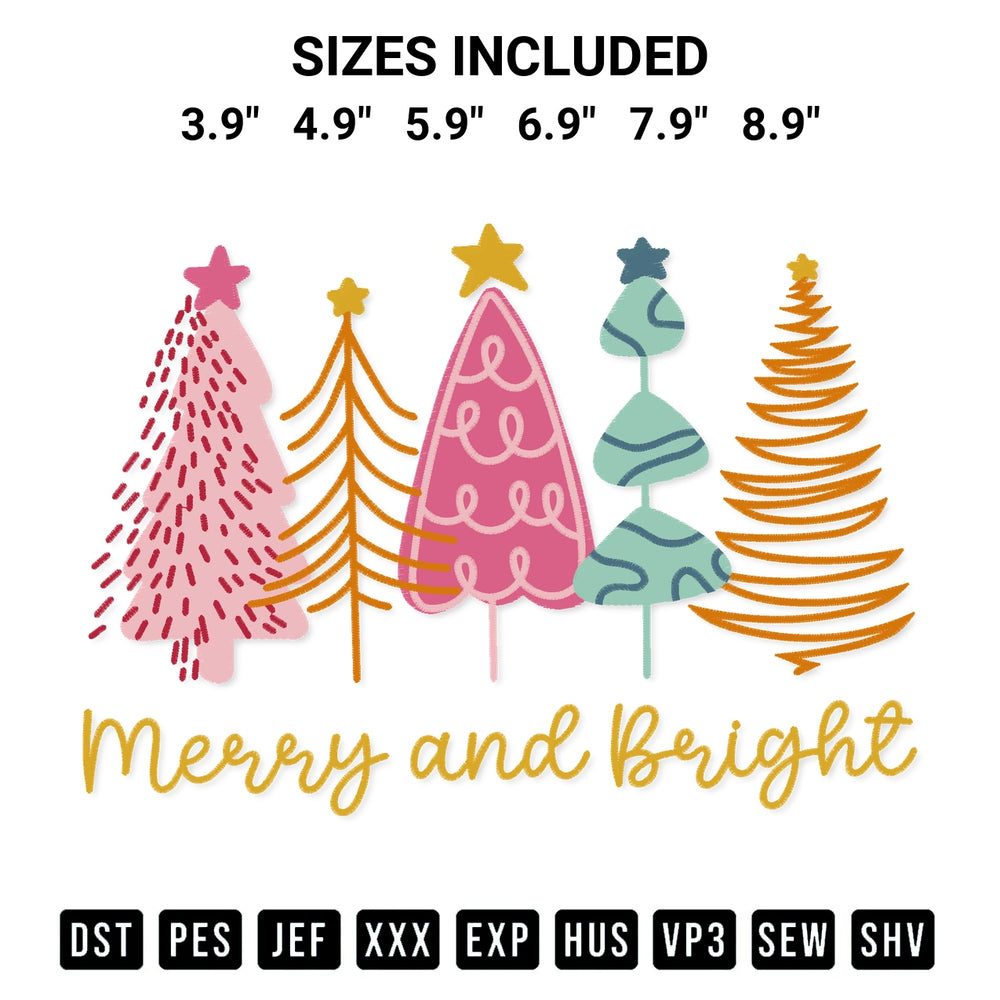 Looking for the perfect pattern? Download the Trees Merry And Bright Embroidery Design embroidery design today at Designspacks.com. Crisp, clean stitching guaranteed. Available sizes: 3.9", 4.9", 5.9", 6.9", 7.9", 8.9".