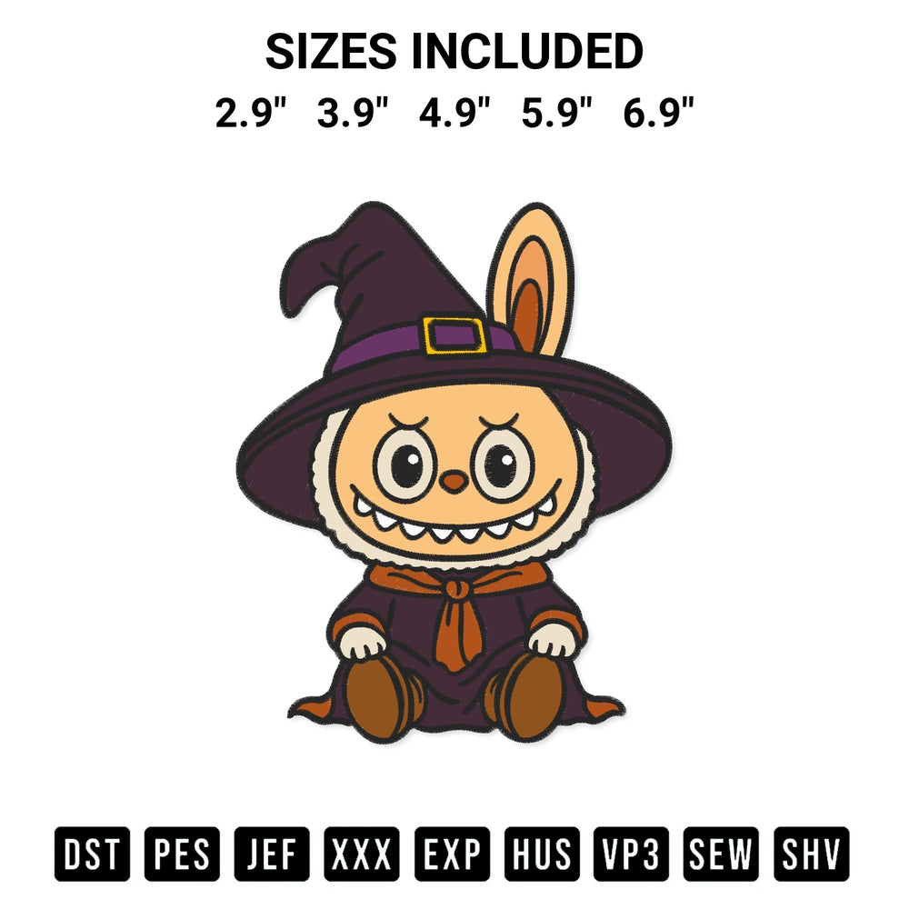 Add a unique touch to your apparel with the Labubu Witch Embroidery Design embroidery file. Premium instant download available now on Designspacks.com. Available sizes: 2.9", 3.9", 4.9", 5.9", 6.9".