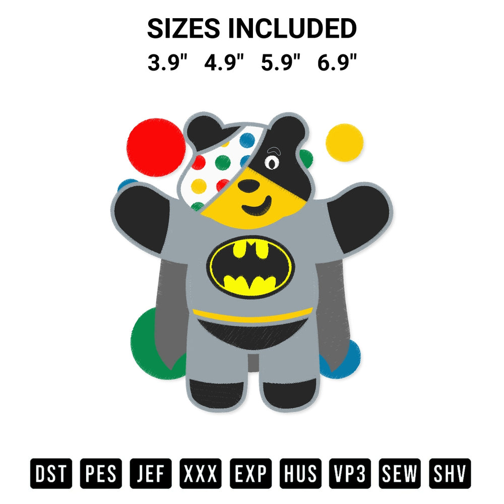 Download the Batman Pudsey Bear Embroidery Design machine embroidery design exclusively at Designspacks.com. Premium digitized pattern for apparel and DIY crafts. Available sizes: 3.9", 4.9", 5.9", 6.9".