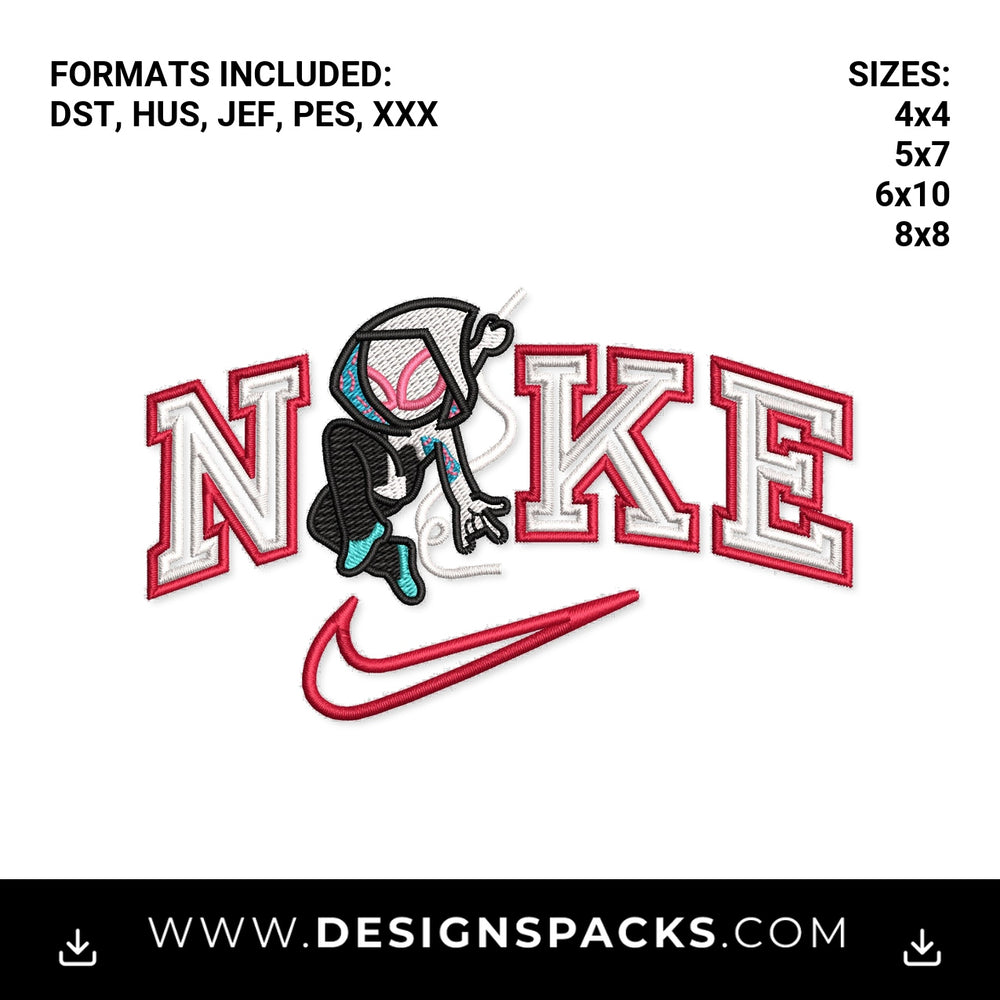 Spider-Gwen Nike Swoosh Logo Embroidery Design - Instant digital download pattern at Designspacks.com