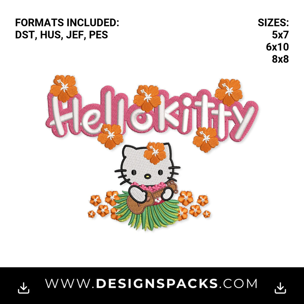 Hello Kitty Hawaiian Hula Ukulele Embroidery Design - Instant digital download pattern at Designspacks.com