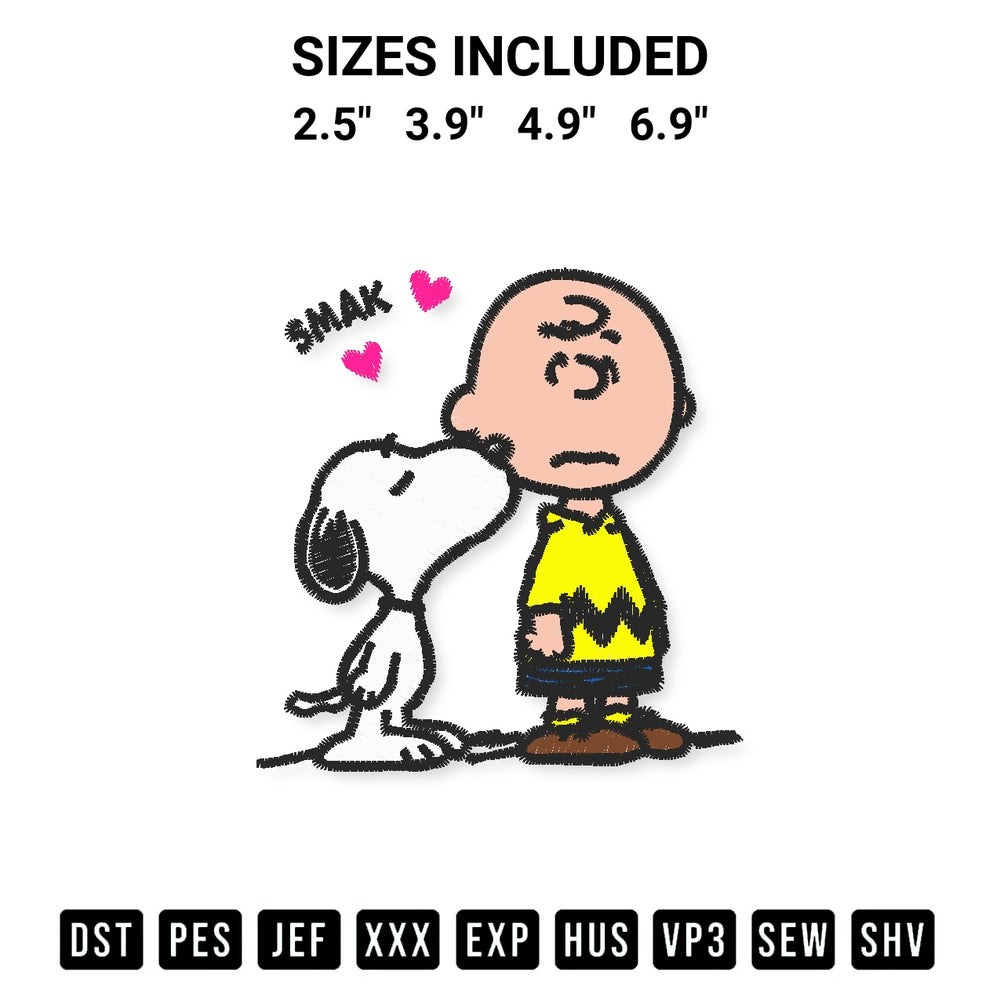 Discover the perfect addition to your crafting collection: Snoopy Kissing Charlie Brown Embroidery Design embroidery file. Instantly available at Designspacks.com. Available sizes: 2.5", 3.9", 4.9", 6.9".