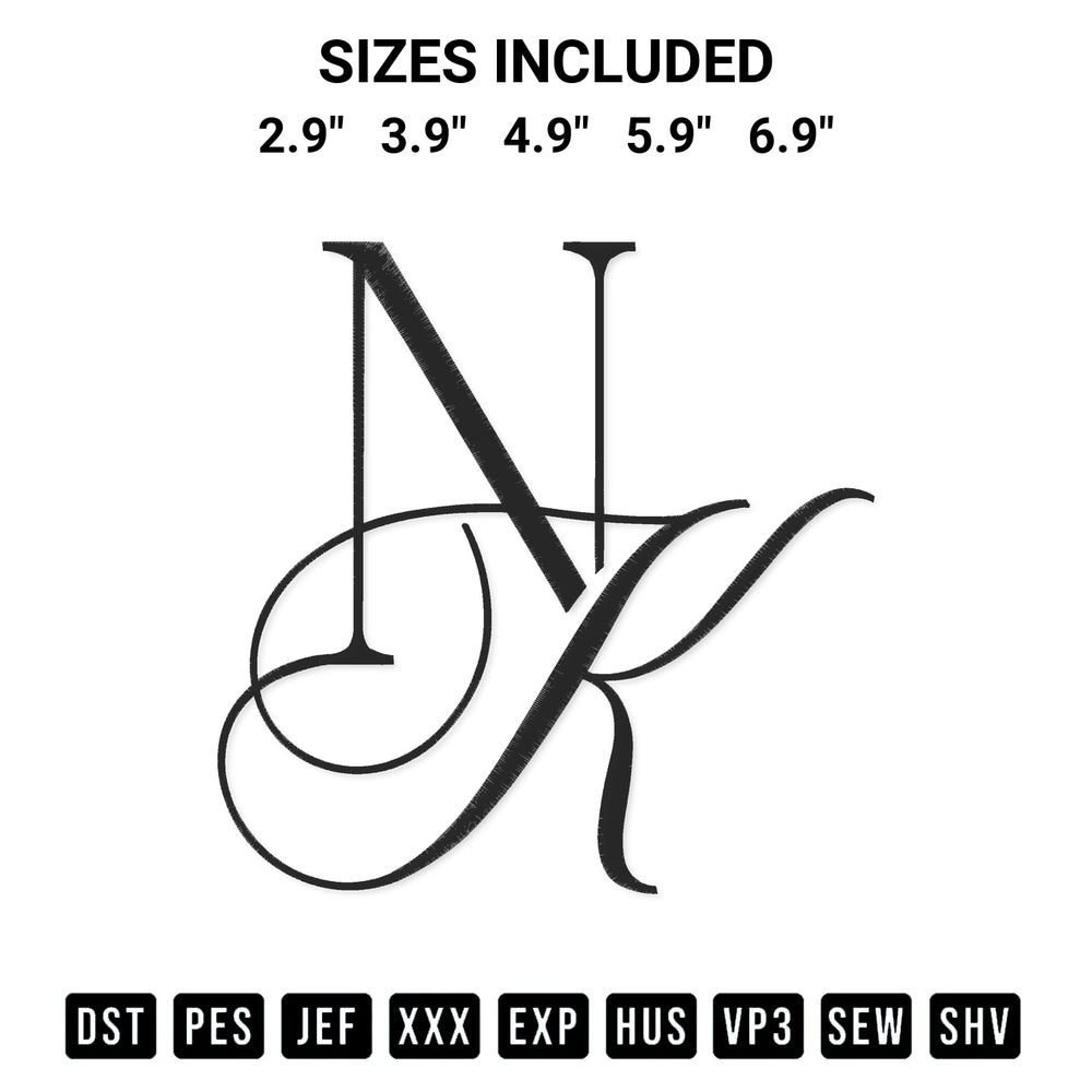 Discover the perfect addition to your crafting collection: Nk Embroidery Design embroidery file. Instantly available at Designspacks.com. Available sizes: 2.9", 3.9", 4.9", 5.9", 6.9".