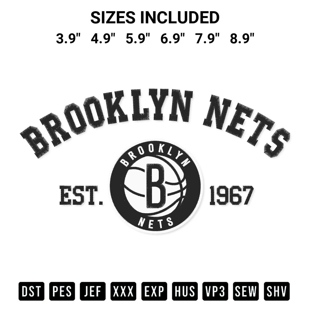 Shop the Brooklyn Nets Est 1967 Embroidery Design machine embroidery pattern at Designspacks.com. Beautifully digitized for flawless stitching on any fabric. Available sizes: 3.9", 4.9", 5.9", 6.9", 7.9", 8.9".