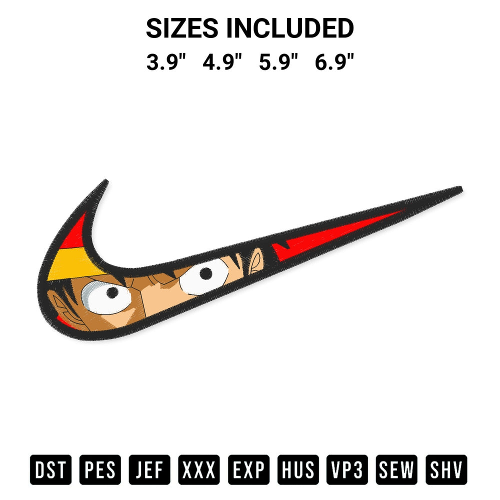 Shop the Nike Luffy Embroidery Design machine embroidery pattern at Designspacks.com. Beautifully digitized for flawless stitching on any fabric. Available sizes: 3.9", 4.9", 5.9", 6.9".