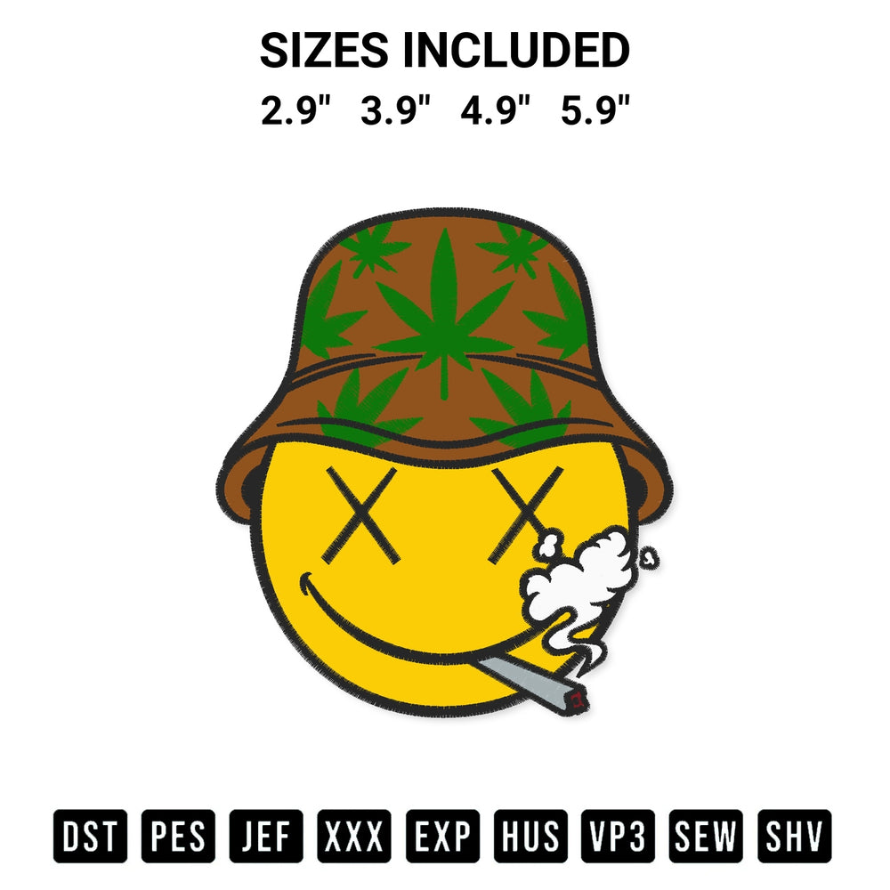 Add a unique touch to your apparel with the Smiley Face Smoking Weed Embroidery Design embroidery file. Premium instant download available now on Designspacks.com. Available sizes: 2.9", 3.9", 4.9", 5.9".