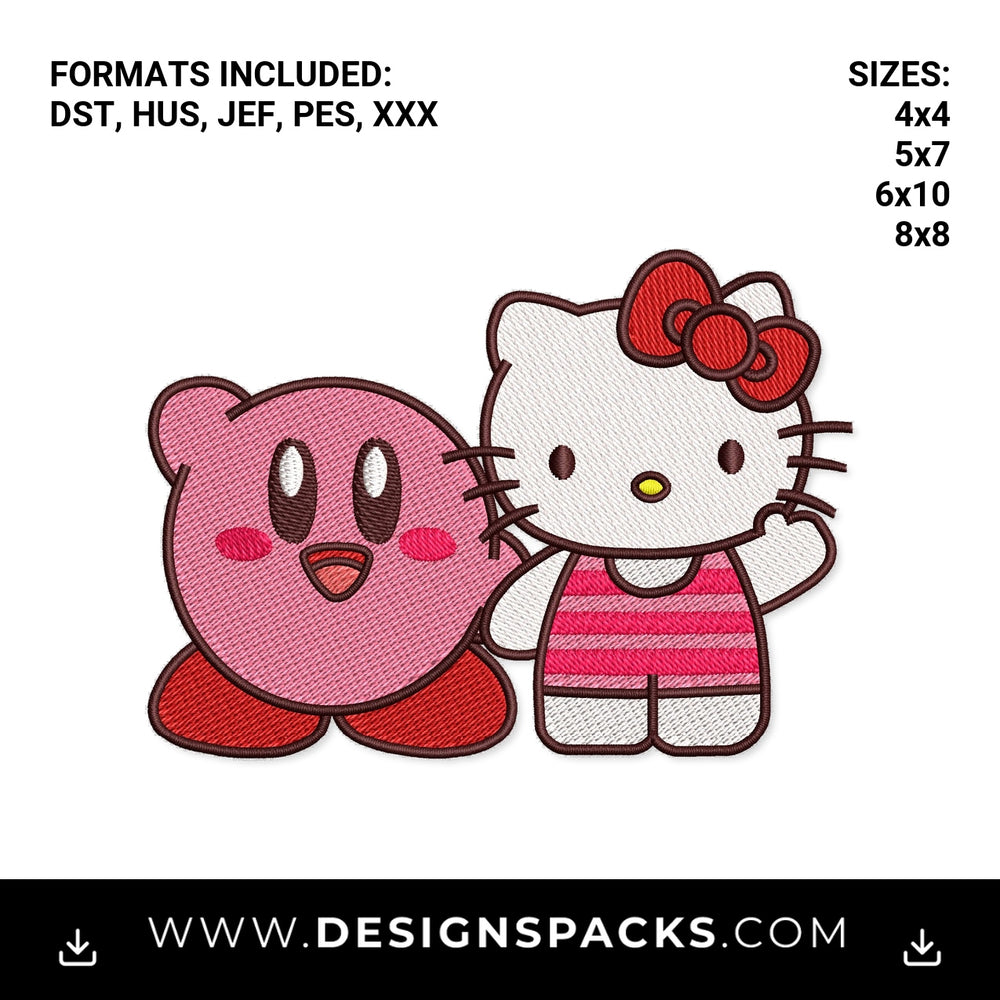 Kirby and Hello Kitty Best Friends Embroidery Design - Instant digital download pattern at Designspacks.com