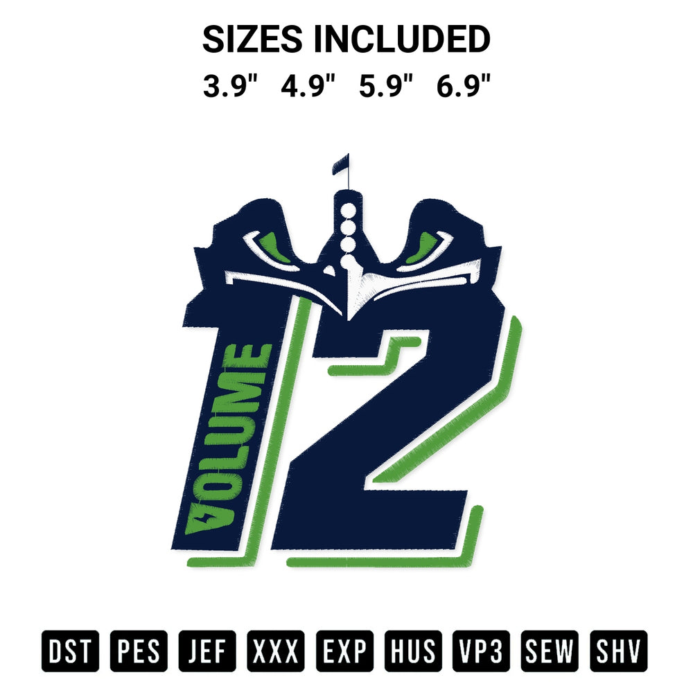Shop the Seattle Seahawks 12 Volume Embroidery Design machine embroidery pattern at Designspacks.com. Beautifully digitized for flawless stitching on any fabric. Available sizes: 3.9", 4.9", 5.9", 6.9".