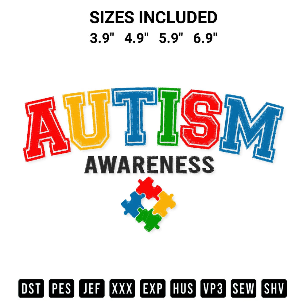 Discover the perfect addition to your crafting collection: Autism Awareness Embroidery Design embroidery file. Instantly available at Designspacks.com. Available sizes: 3.9", 4.9", 5.9", 6.9".