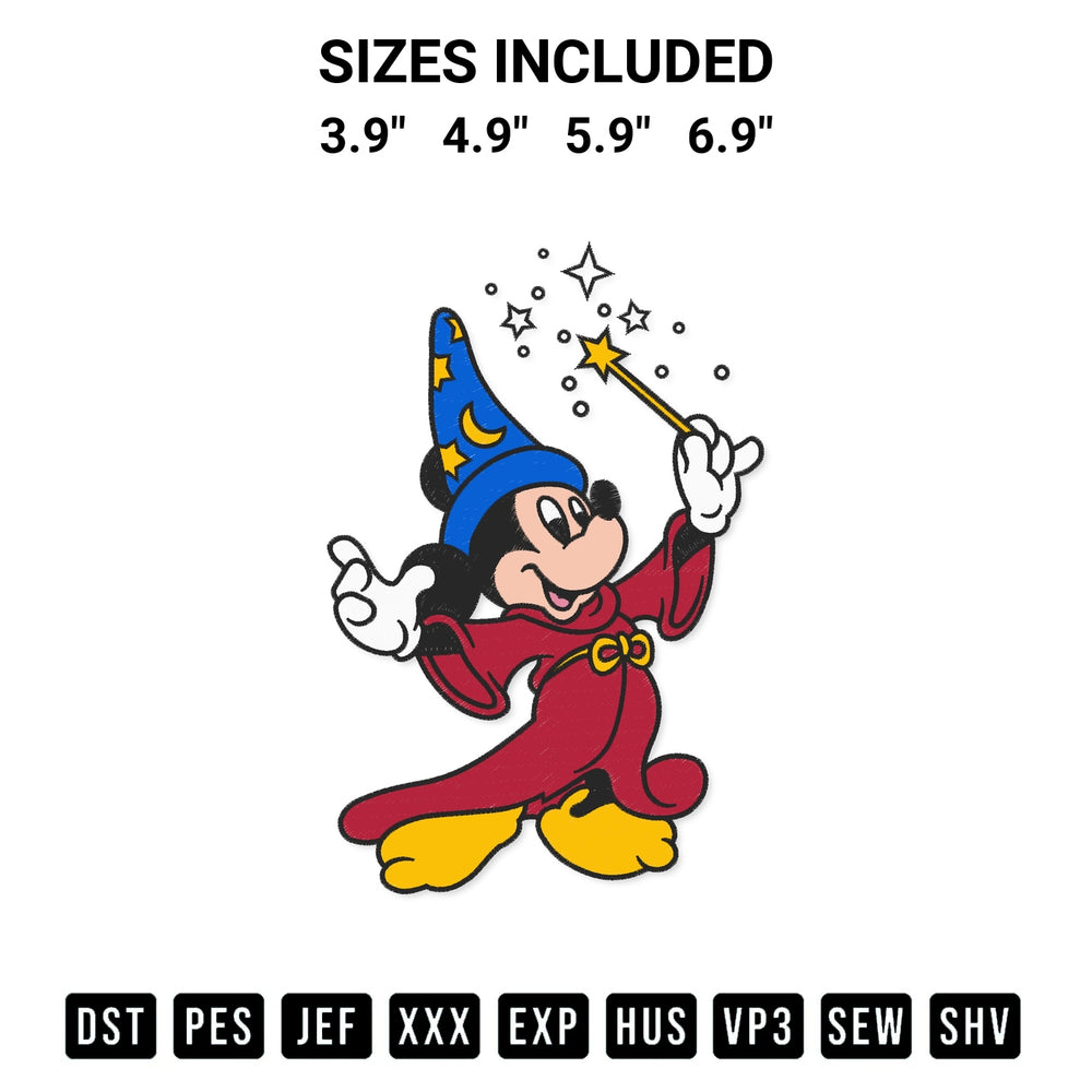 Create amazing crafts with the Sorcerer Mickey Embroidery Design embroidery file. High-quality digital download from Designspacks.com, perfect for beginners and pros. Available sizes: 3.9", 4.9", 5.9", 6.9".