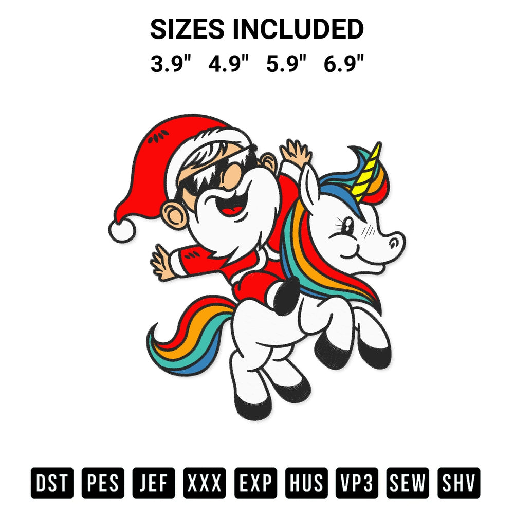 Transform your fabrics with the Santa Claus Riding Unicorn Christmas Embroidery Design embroidery design. Instant access to premium digitized patterns at Designspacks.com. Available sizes: 3.9", 4.9", 5.9", 6.9".