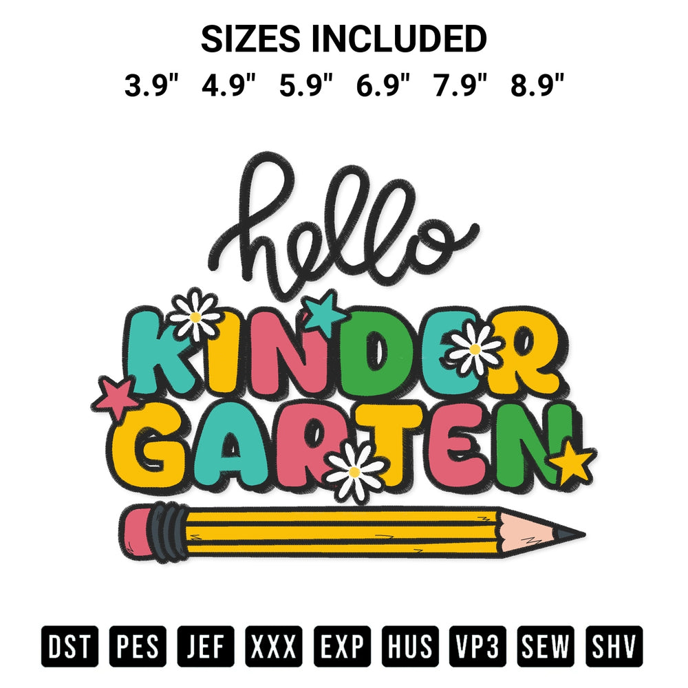 Discover the perfect addition to your crafting collection: Hello Kindergarten Embroidery Design embroidery file. Instantly available at Designspacks.com. Available sizes: 3.9", 4.9", 5.9", 6.9", 7.9", 8.9".