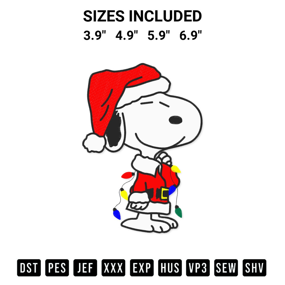 Download the Snoopy Santa Lights Christmas Embroidery Design machine embroidery design exclusively at Designspacks.com. Premium digitized pattern for apparel and DIY crafts. Available sizes: 3.9", 4.9", 5.9", 6.9".