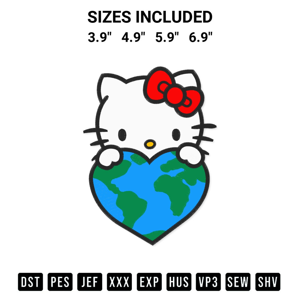 Discover the perfect addition to your crafting collection: Hello Kitty Heart Earth Day Embroidery Design embroidery file. Instantly available at Designspacks.com. Available sizes: 3.9", 4.9", 5.9", 6.9".
