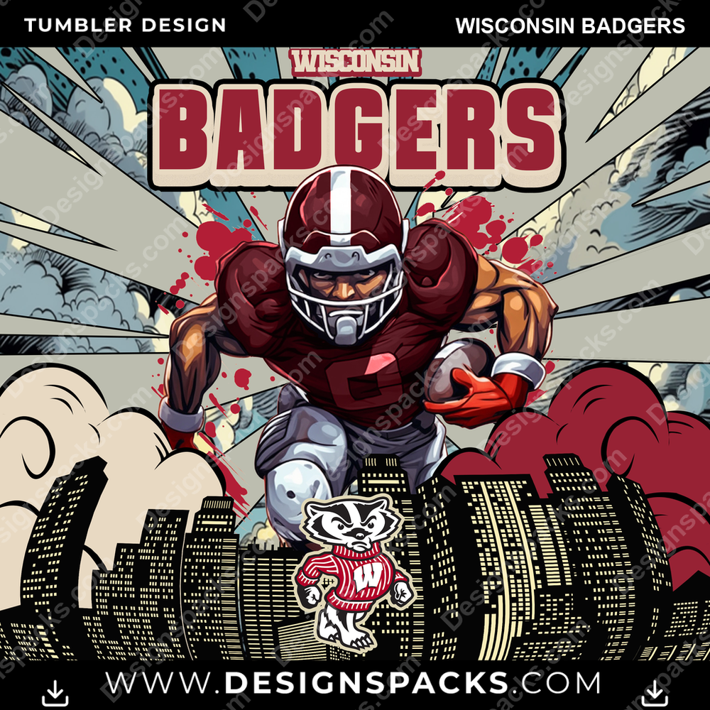 College Sport Comic Cover Wisconsin Badgers NCAA College Sport Tumbler Digital Wrap Design Download