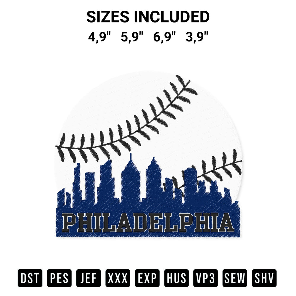 Download the Philly Cityscape Baseball Philadelphia Skyline Retro Vintage Logo Embroidery Design machine embroidery design exclusively at Designspacks.com. Premium digitized pattern for apparel and DIY crafts. Available sizes: 4,9", 5,9", 6,9", 3,9".