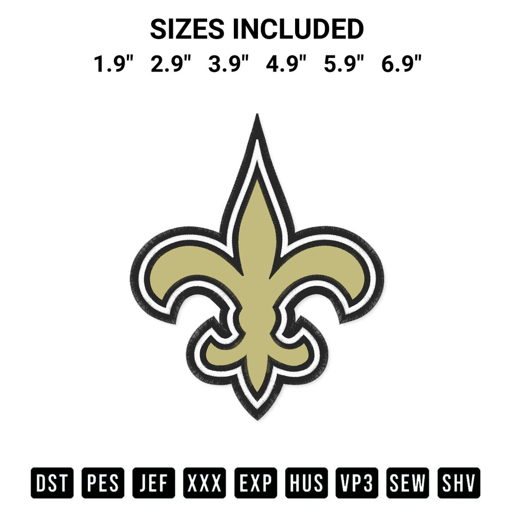 Transform your fabrics with the New Orleans Saints Logo Embroidery Design embroidery design. Instant access to premium digitized patterns at Designspacks.com. Available sizes: 1.9", 2.9", 3.9", 4.9", 5.9", 6.9".