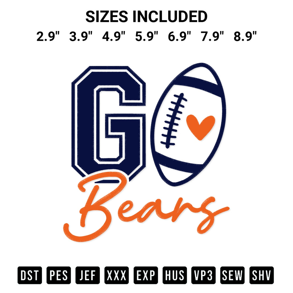 Transform your fabrics with the Go Bears Football Embroidery Design embroidery design. Instant access to premium digitized patterns at Designspacks.com. Available sizes: 2.9", 3.9", 4.9", 5.9", 6.9", 7.9", 8.9".