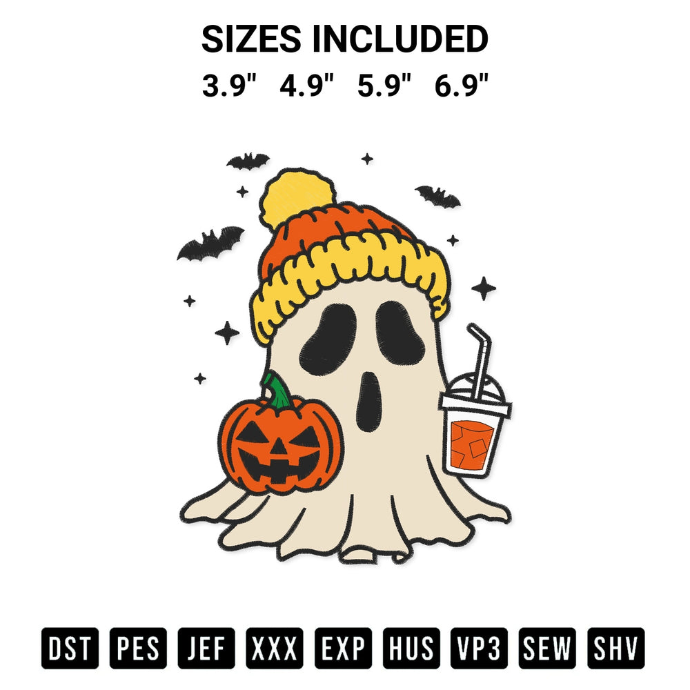 Get the Ghost Beanie Holding Pumpkin Coffee Drink Embroidery Design embroidery design for your custom crafts! Premium digitized files available for instant download at Designspacks.com. Available sizes: 3.9", 4.9", 5.9", 6.9".