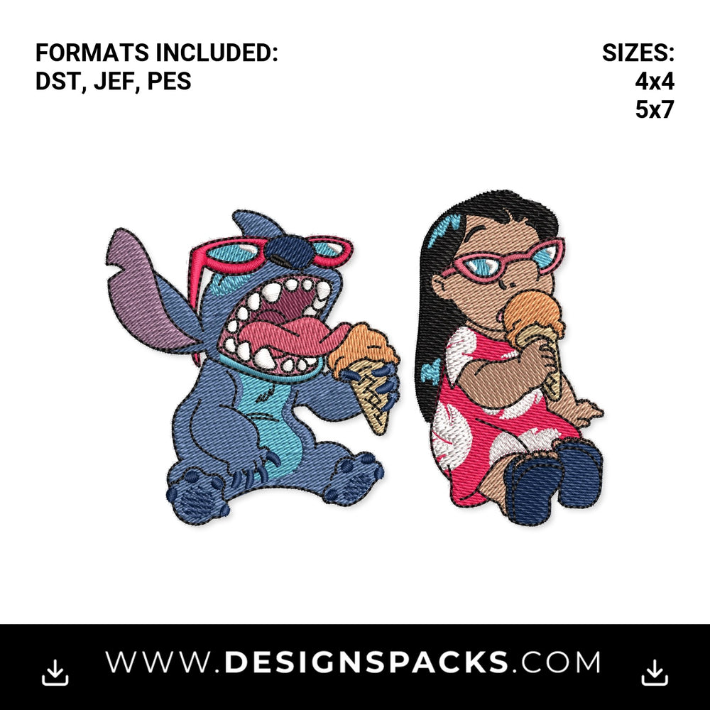Lilo & Stitch Eating Ice Cream Cones Embroidery Design - Instant digital download pattern at Designspacks.com