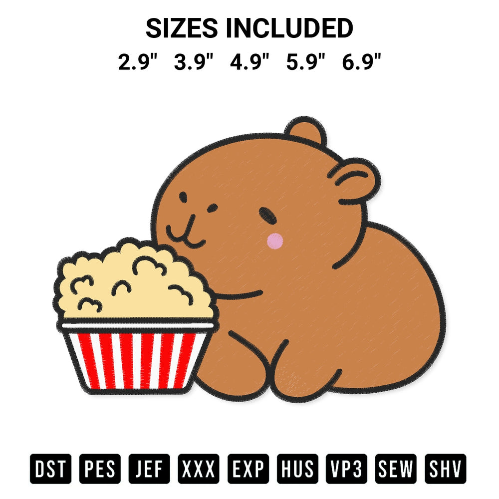 Discover the perfect addition to your crafting collection: Capybara Enjoying Popcorn Snack Embroidery Design embroidery file. Instantly available at Designspacks.com. Available sizes: 2.9", 3.9", 4.9", 5.9", 6.9".
