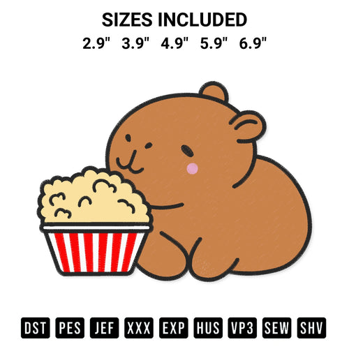 Discover the perfect addition to your crafting collection: Capybara Enjoying Popcorn Snack Embroidery Design embroidery file. Instantly available at Designspacks.com. Available sizes: 2.9