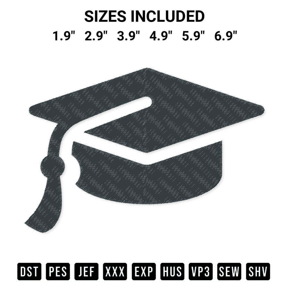 Discover the perfect addition to your crafting collection: Graduation Cap Embroidery Design embroidery file. Instantly available at Designspacks.com. Available sizes: 1.9", 2.9", 3.9", 4.9", 5.9", 6.9".