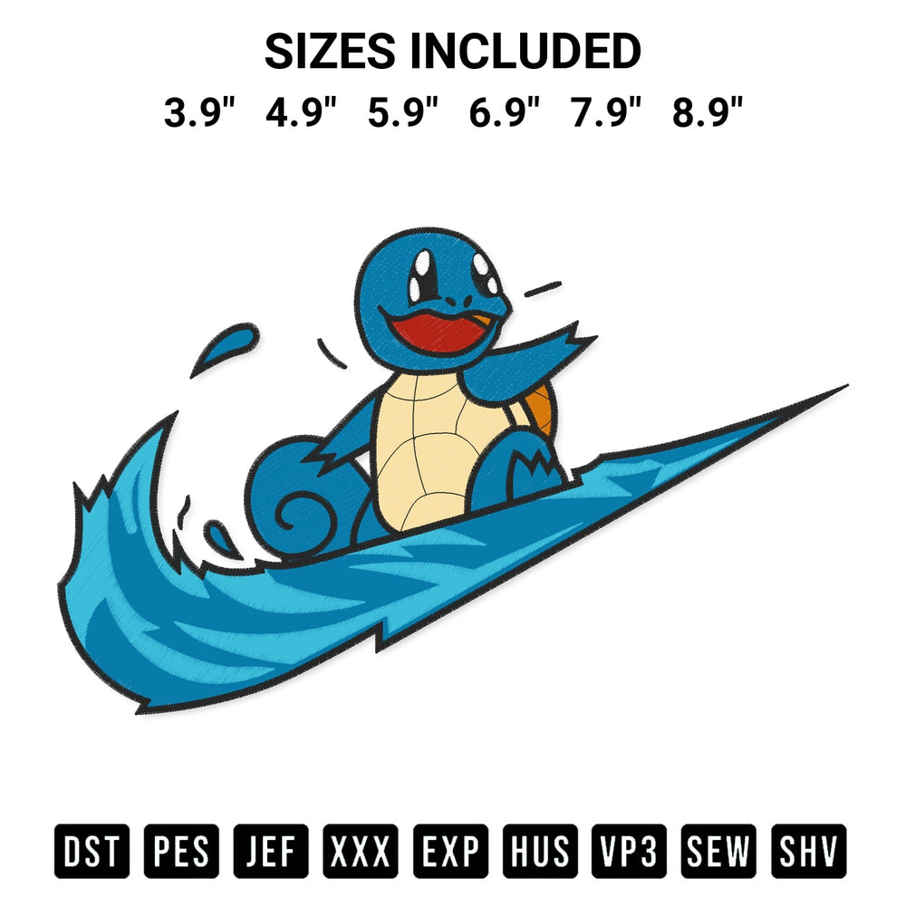 Add a unique touch to your apparel with the Pokemon Squirtle Nike Embroidery Design embroidery file. Premium instant download available now on Designspacks.com. Available sizes: 3.9", 4.9", 5.9", 6.9", 7.9", 8.9".