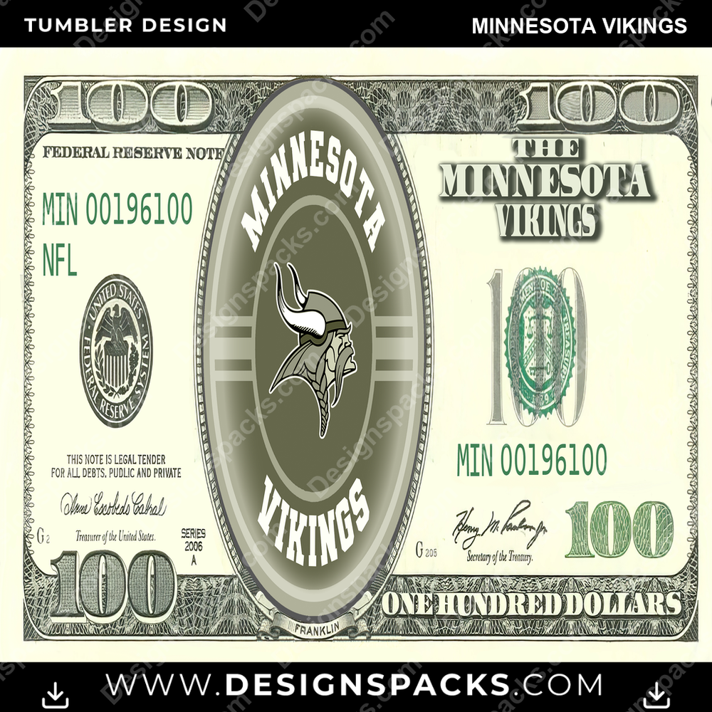 Football 100 Dollar Bill Minnesota Vikings NFL Football Tumbler Digital Wrap Design Download