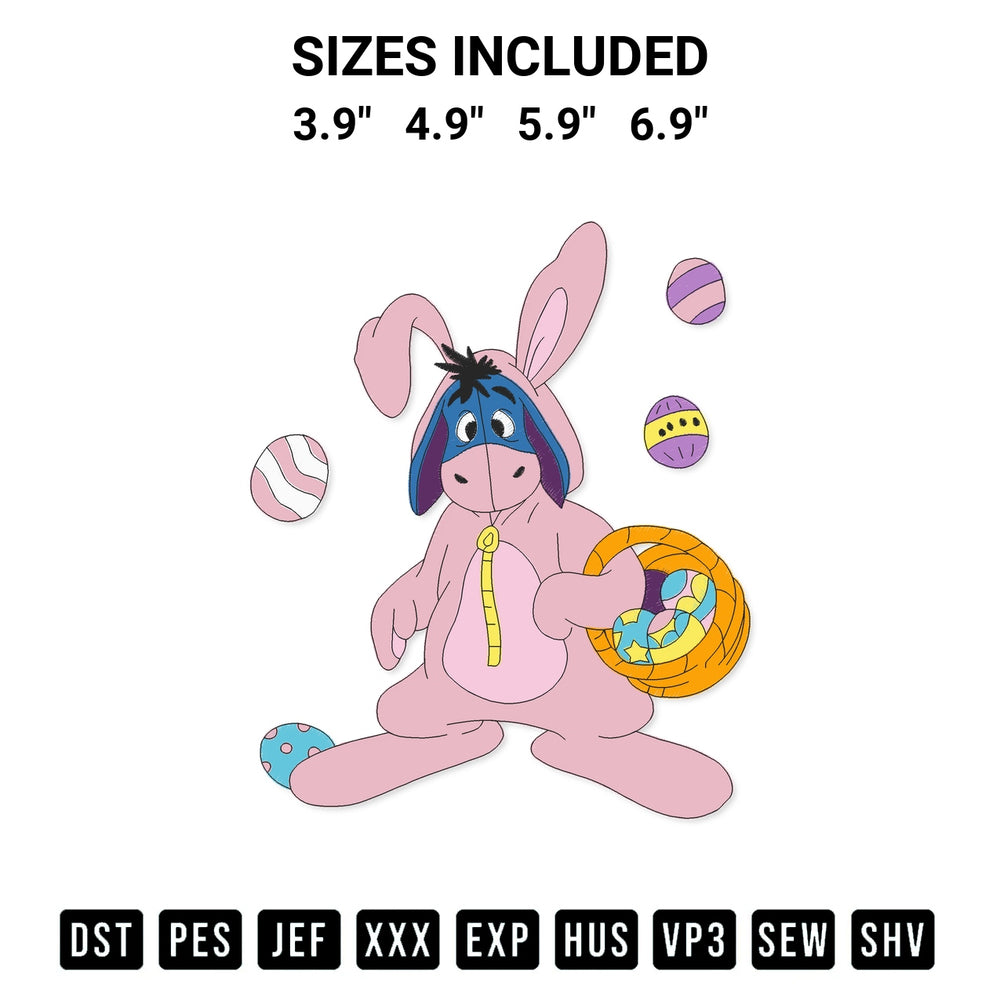Discover the perfect addition to your crafting collection: Easter Bunny Eeyore Embroidery Design embroidery file. Instantly available at Designspacks.com. Available sizes: 3.9", 4.9", 5.9", 6.9".