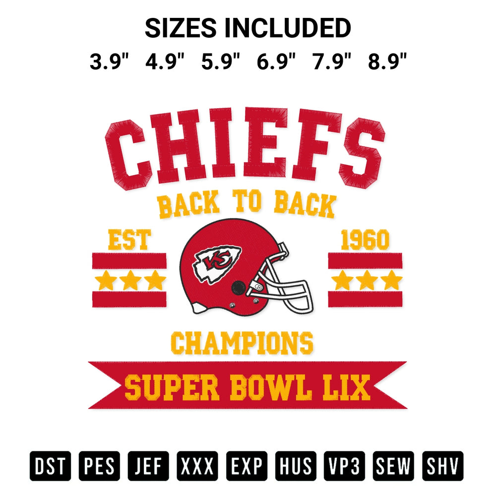 Transform your fabrics with the Chiefs Back To Back Champions Super Bowl Lix Embroidery Design embroidery design. Instant access to premium digitized patterns at Designspacks.com. Available sizes: 3.9", 4.9", 5.9", 6.9", 7.9", 8.9".